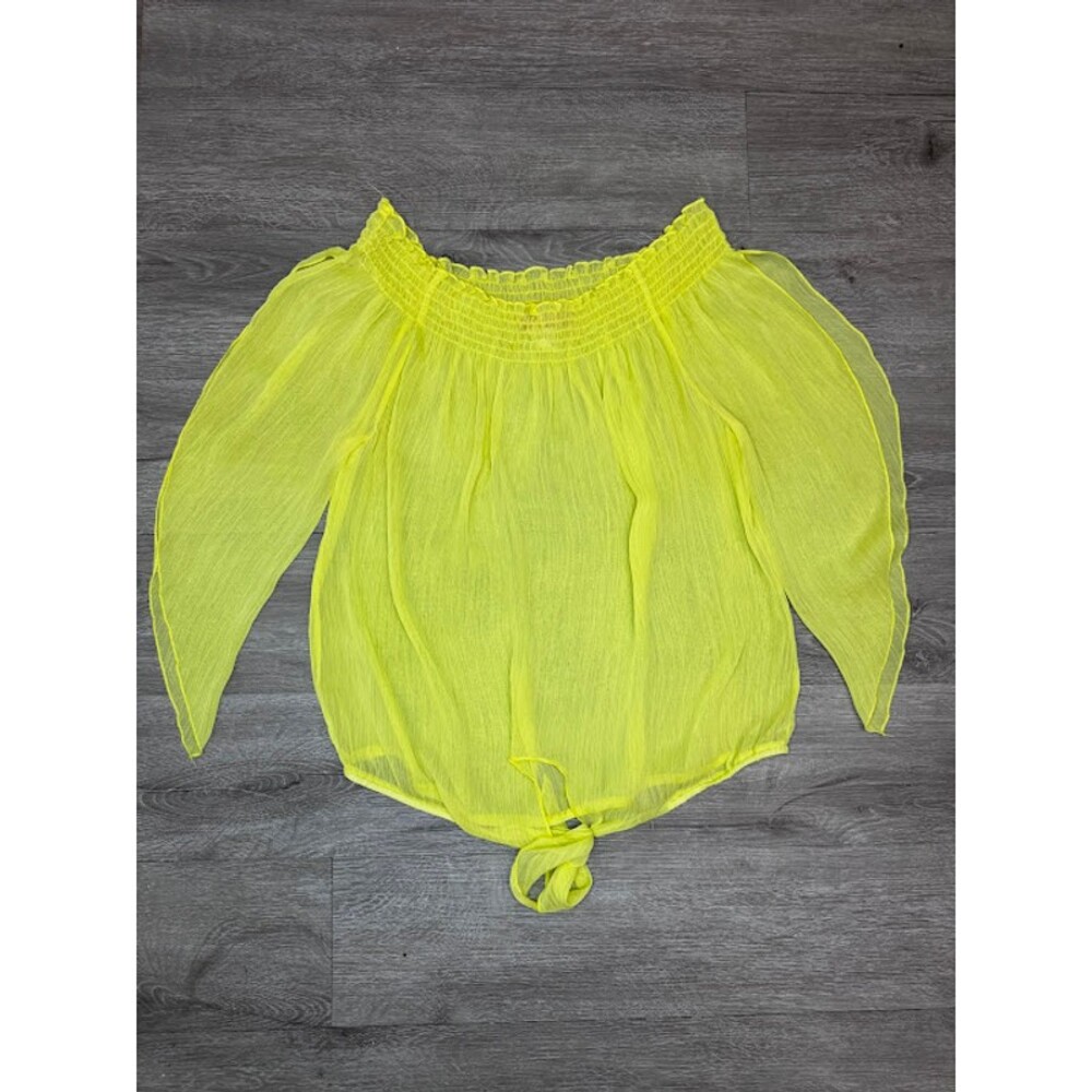 Neon Yellow Off-Shoulder Blouse with Tie Front